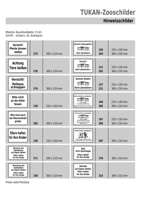 TUKAN- Hinweisschilder - TUKAN-Zooschilder