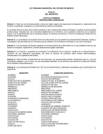 1 LEY ORGANICA MUNICIPAL DEL ESTADO DE MEXICO TITULO I ...