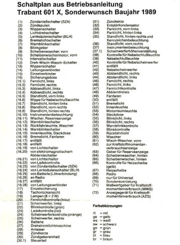 Schaltplan aus Betriebsanleitung Trabant 601 X, Sonderwunsch ...