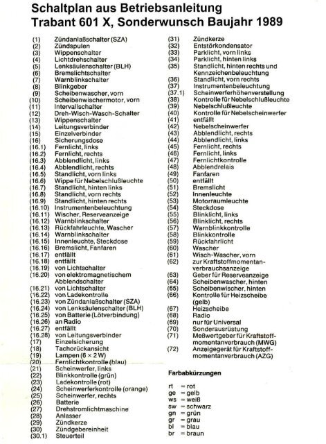 Schaltplan aus Betriebsanleitung Trabant 601 X, Sonderwunsch ...