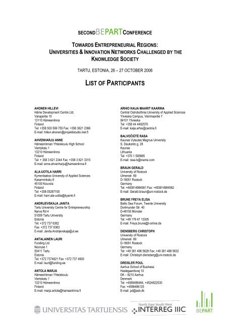 list of participants - Tartu Ülikooli Ettevõtluskeskus