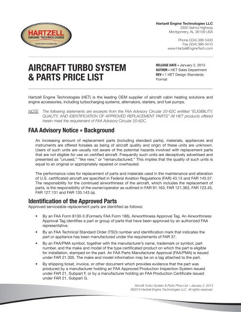 Aircraft Turbo System and Parts Price List - Hartzell Engine ...