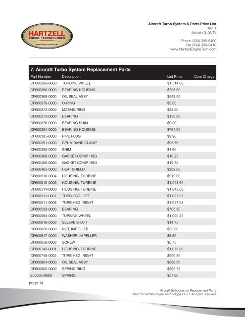 Aircraft Turbo System and Parts Price List - Hartzell Engine ...