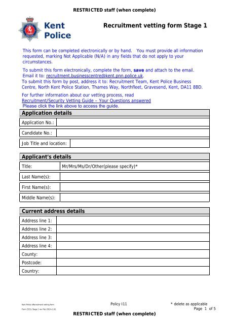 Recruitment vetting form Stage 1 - Kent Police