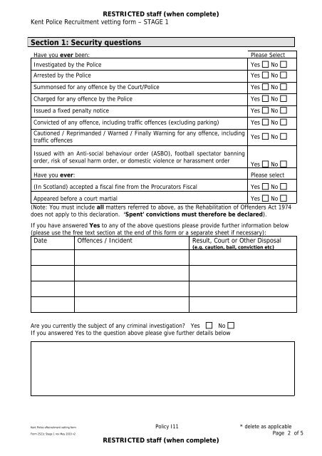 Recruitment vetting form Stage 1 - Kent Police