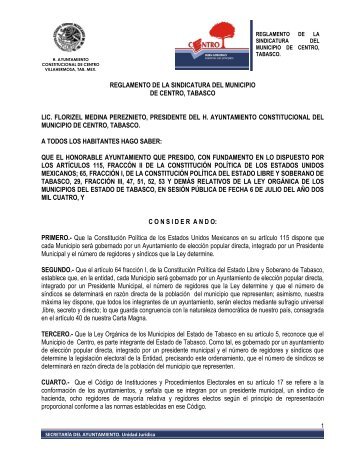 REGLAMENTO DE LA SINDICATURA DEL MUNICIPIO - Villahermosa