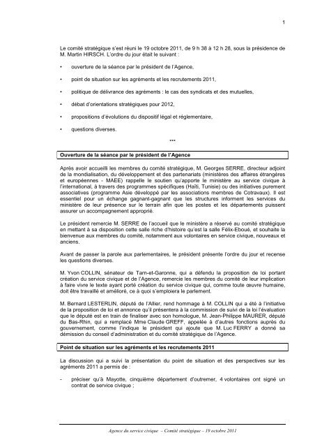 Compte rendu de la réunion du comité stratégique ... - Service Civique