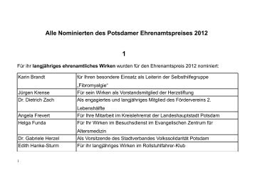 Alle Nominierten des Potsdamer Ehrenamtspreises 2012