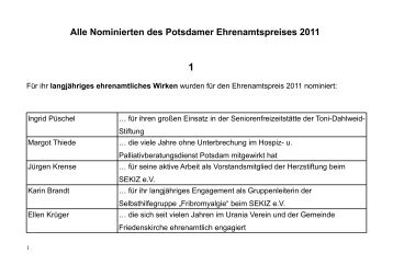 Alle Nominierten des Potsdamer Ehrenamtspreises 2011