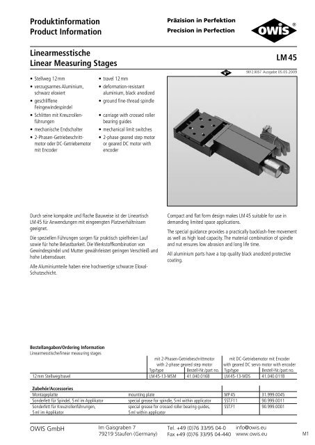 PrÃ¤zisions-Lineartische Precision Linear Stages - Pro-Lite Technology