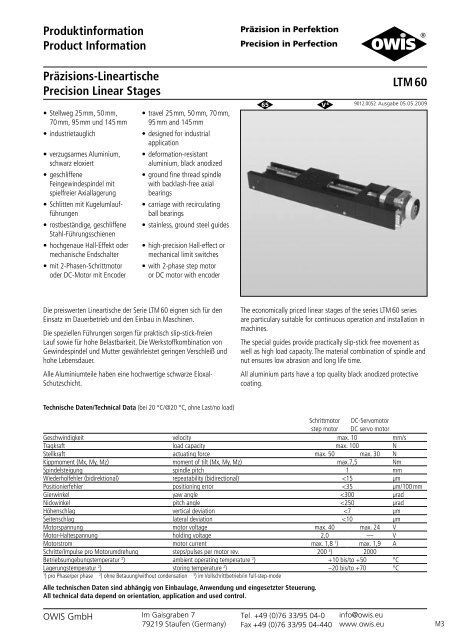 PrÃ¤zisions-Lineartische Precision Linear Stages - Pro-Lite Technology