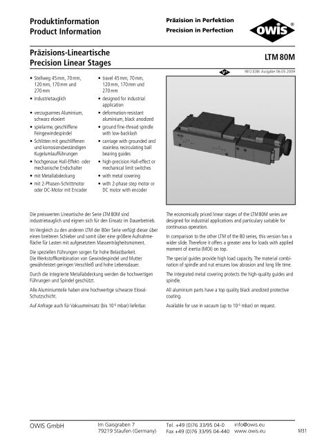 PrÃ¤zisions-Lineartische Precision Linear Stages - Pro-Lite Technology