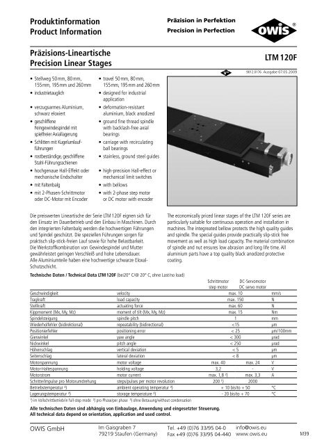 PrÃ¤zisions-Lineartische Precision Linear Stages - Pro-Lite Technology