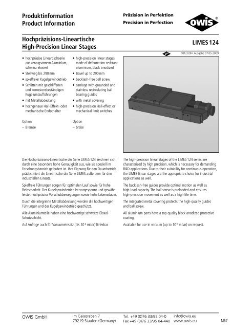 PrÃ¤zisions-Lineartische Precision Linear Stages - Pro-Lite Technology