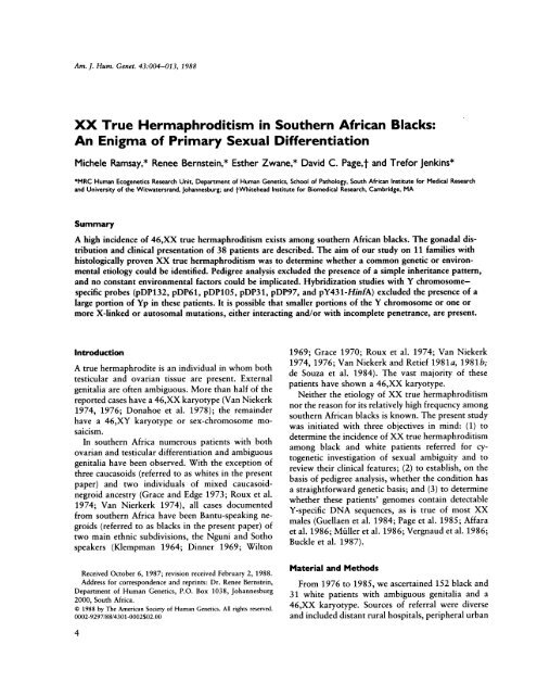 XX True Hermaphroditism in Southern African Blacks - david page ...