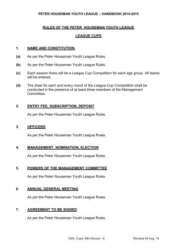 Cup Rules - Peter Houseman Youth League