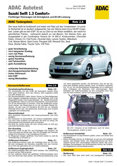 Umfassender Test Suzuki Swift 1.3 Comfort+ - ADAC
