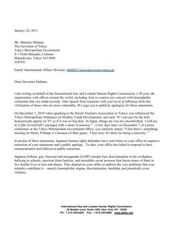 IGLHRC Letter to Governor of Tokyo - International Gay and Lesbian ...
