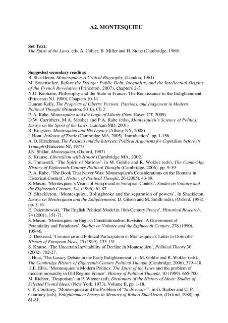 THE HISTORY OF POLITICAL THOUGHT FROM c.1700 TO c.1890