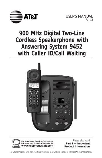 AT&T 9452 2-Line 900 MHz Digital Cordless Phone with Caller ID ...