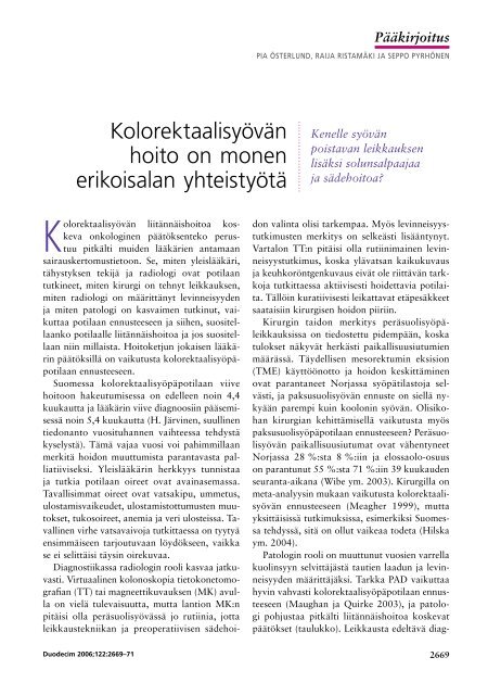Kolorektaalisyövän hoito on monen erikoisalan ... - Terveyskirjasto