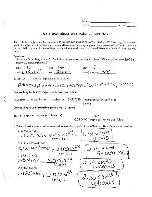 Mole Worksheet 1 Moles Particles Teacher Notes