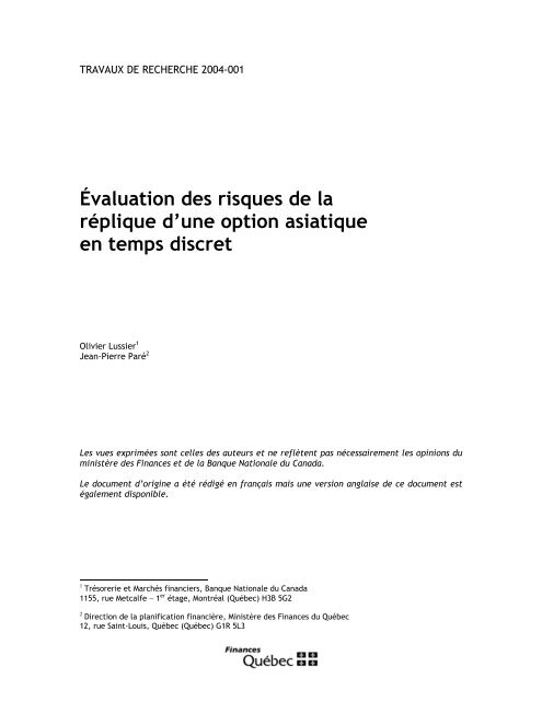 Ãvaluation des risques de la rÃ©plique d'une option ... - Finances