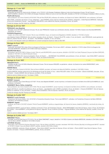 Actes de MARIAGES de 1853 Ã  1862. GUERET - Gendep23