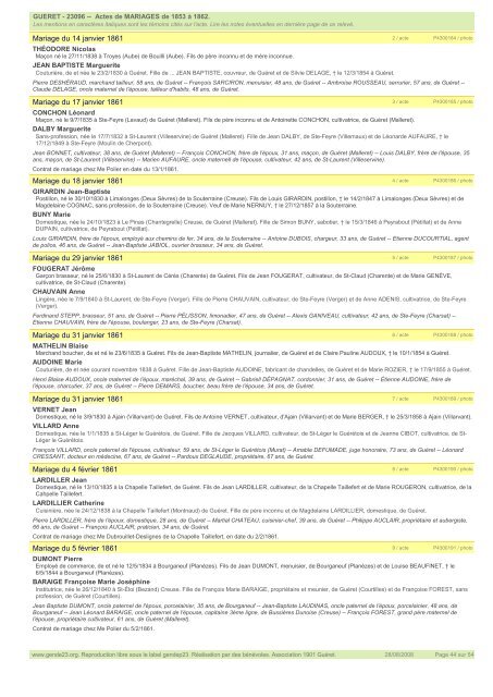 Actes de MARIAGES de 1853 Ã  1862. GUERET - Gendep23