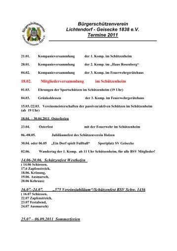 Bürgerschützenverein Lichtendorf - Geisecke 1838 e.v. Termine 2011