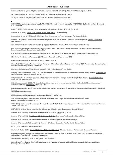 Allir Titlar A All Titles Stofnun Vilhja Lms Stefa Nssonar