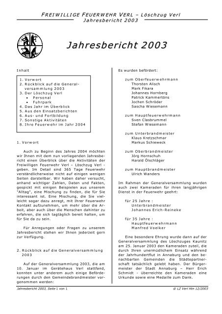 Jahresbericht 2003 - bei der Freiwilligen Feuerwehr Verl