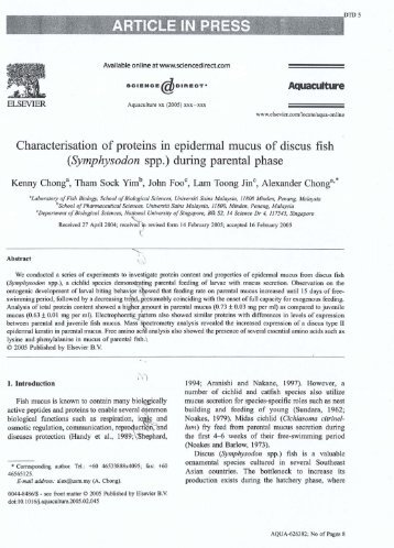 Characterisation of proteins in epidermal mucus of discus fish ...