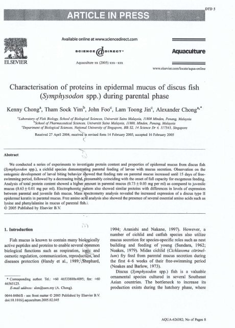 Characterisation of proteins in epidermal mucus of discus fish ...