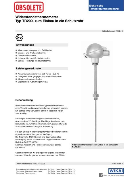 Widerstandsthermometer Typ TR200, zum Einbau in ein Schutzrohr