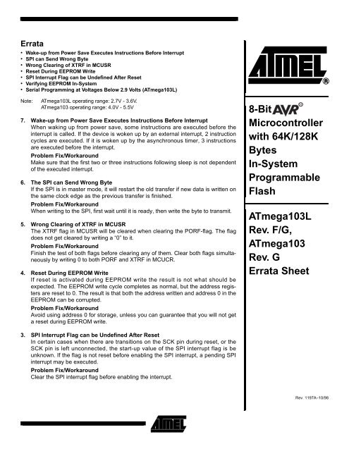ATmega 103L Rev. F/G, ATmega 103 Rev. G Errata Sheet 8-Bit AVR ...