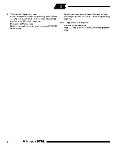 ATmega 103L Rev. F/G, ATmega 103 Rev. G Errata Sheet 8-Bit AVR ...