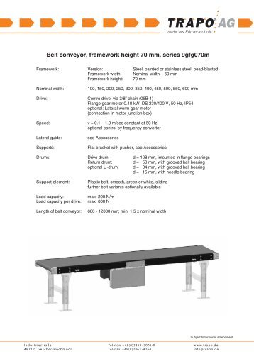 Belt conveyor, framework height 70 mm, series 9gfg070m