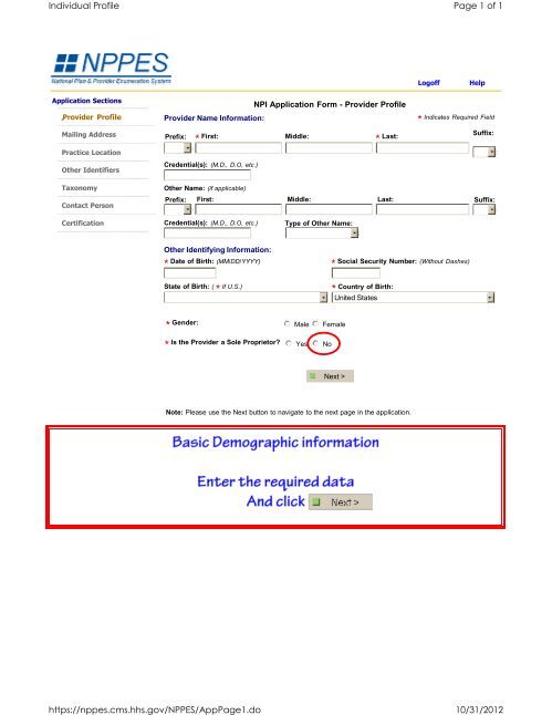 NPI Application Form - Create NPI User ID and Password