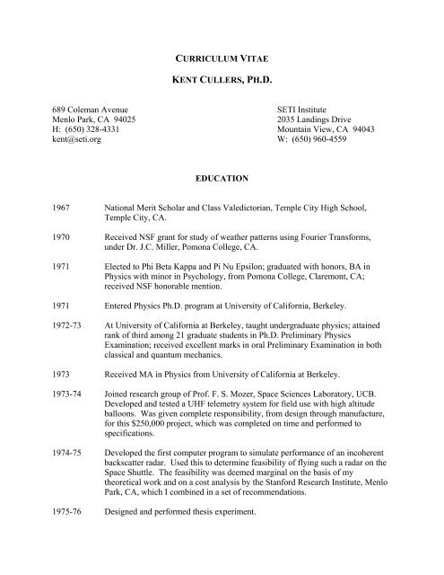 CURRICULUM VITAE KENT CULLERS, PH.D. 689 ... - SETI Institute