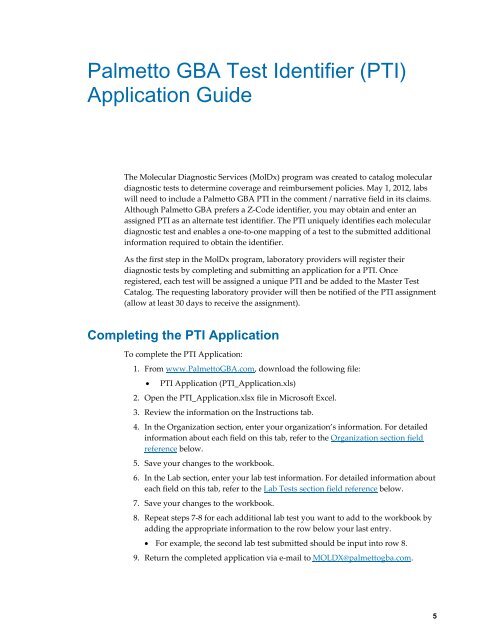 Palmetto GBA Test Identifier (PTI) Application Guide