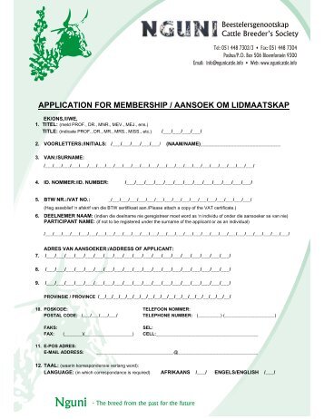 application for membership / aansoek om lidmaatskap - The Nguni ...