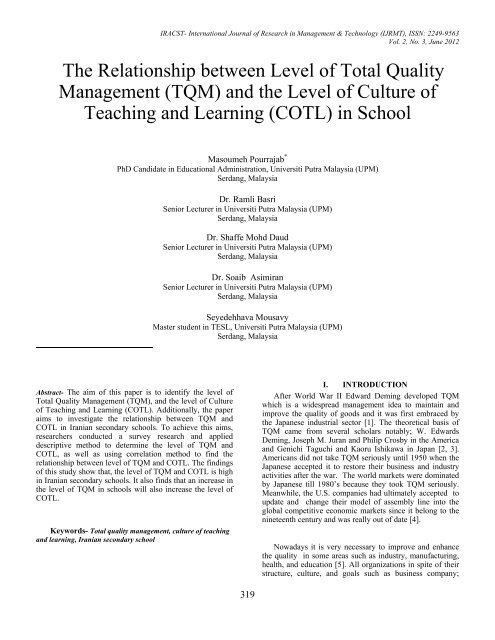 The Relationship between Level of Total Quality Management (TQM ...