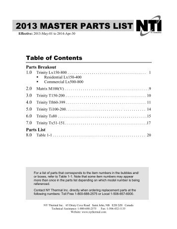 2013 NTI Master Parts List - NY Thermal Inc.