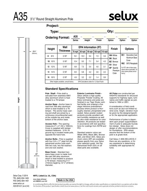 A35 3.5 Round Straight Aluminum Pole [A35] selux.us