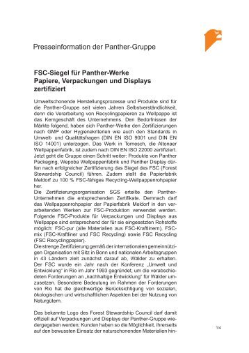 FSC-Siegel für Panther-Werke Papiere, Verpackungen und Displays ...
