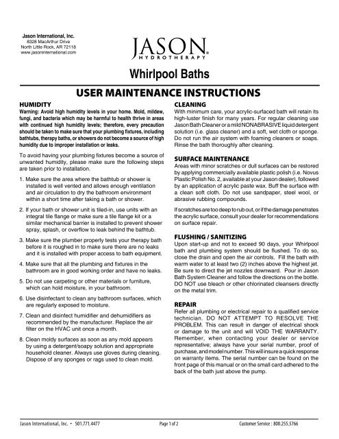 Whirlpool Bath Maintenance Instructions - Jason International