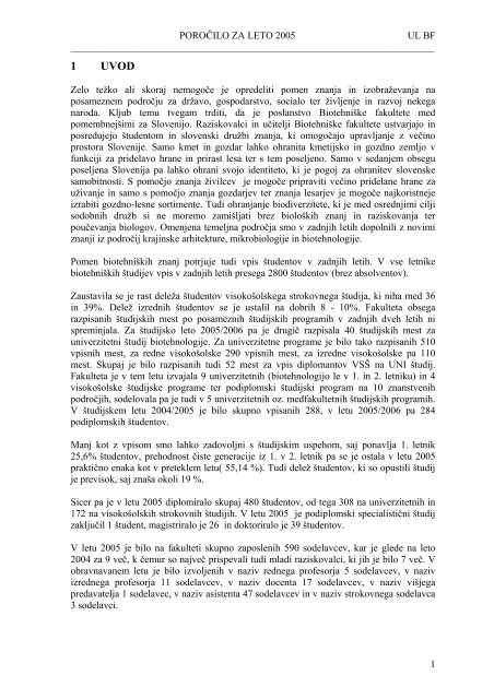 Poročilo 2005 - 1 UVOD - Biotehniška fakulteta - Univerza v Ljubljani