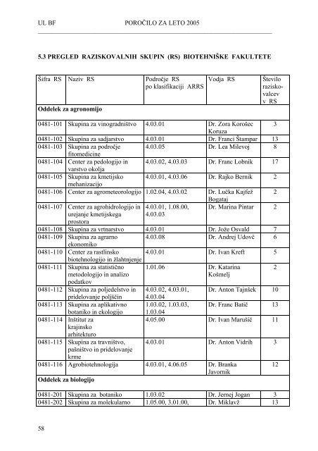 Poročilo 2005 - 1 UVOD - Biotehniška fakulteta - Univerza v Ljubljani