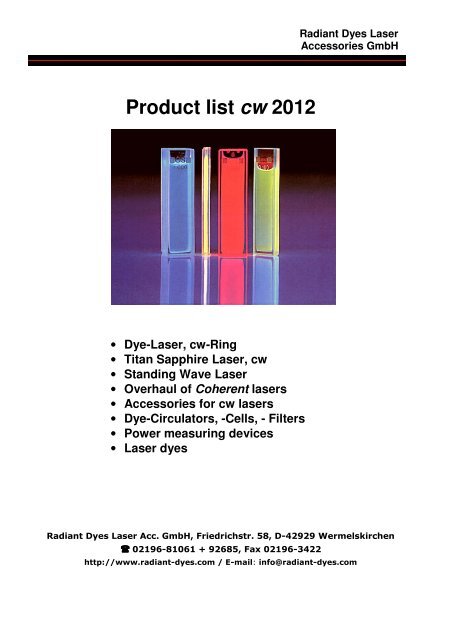Product list cw 2012 - Radiant Dyes Laser &amp; Acc. GmbH